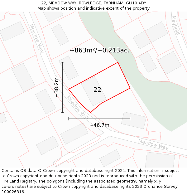 22, MEADOW WAY, ROWLEDGE, FARNHAM, GU10 4DY: Plot and title map