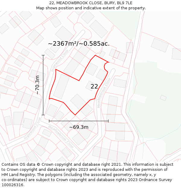 22, MEADOWBROOK CLOSE, BURY, BL9 7LE: Plot and title map