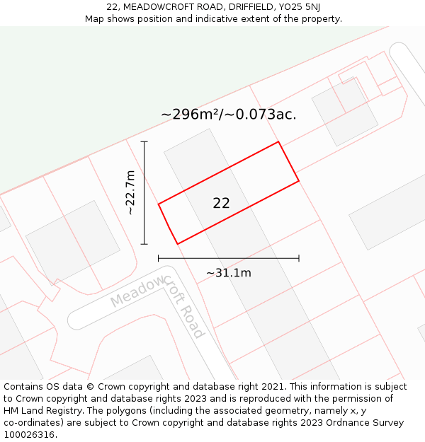 22, MEADOWCROFT ROAD, DRIFFIELD, YO25 5NJ: Plot and title map