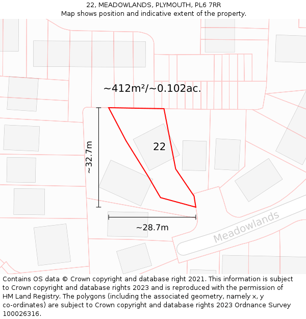 22, MEADOWLANDS, PLYMOUTH, PL6 7RR: Plot and title map