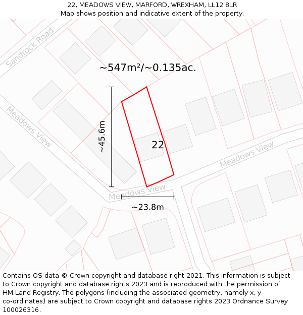 22, MEADOWS VIEW, MARFORD, WREXHAM, LL12 8LR: Plot and title map