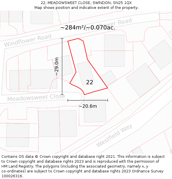 22, MEADOWSWEET CLOSE, SWINDON, SN25 1QX: Plot and title map