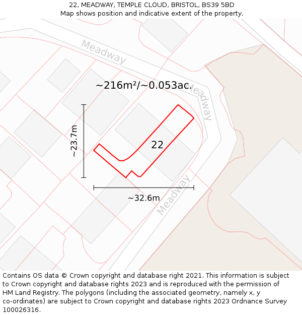 22, MEADWAY, TEMPLE CLOUD, BRISTOL, BS39 5BD: Plot and title map