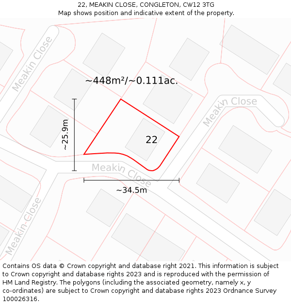 22, MEAKIN CLOSE, CONGLETON, CW12 3TG: Plot and title map