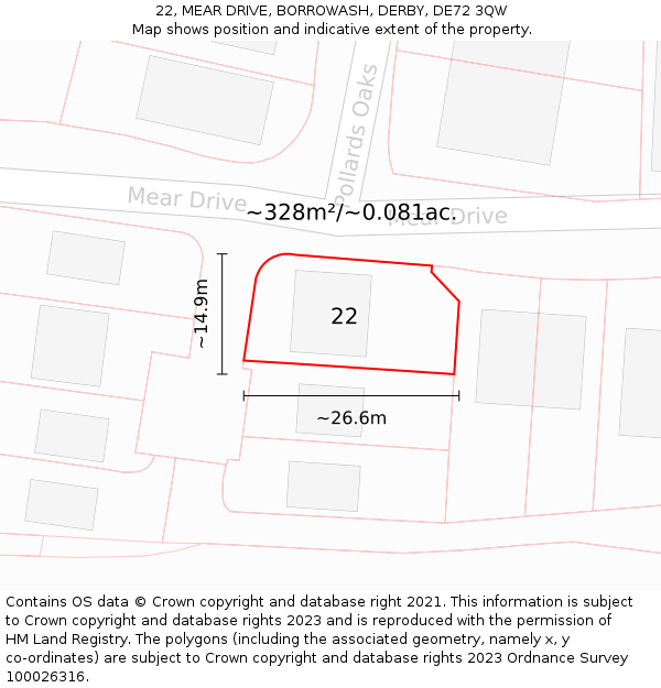22, MEAR DRIVE, BORROWASH, DERBY, DE72 3QW: Plot and title map
