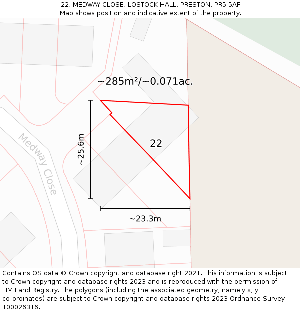 22, MEDWAY CLOSE, LOSTOCK HALL, PRESTON, PR5 5AF: Plot and title map