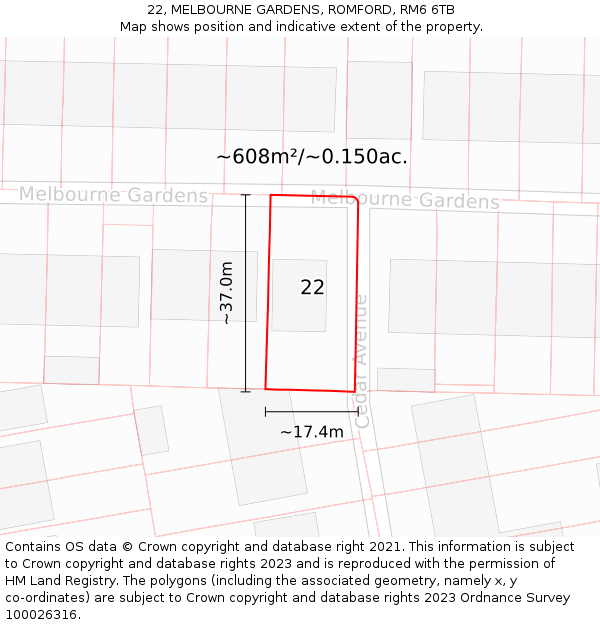 22, MELBOURNE GARDENS, ROMFORD, RM6 6TB: Plot and title map