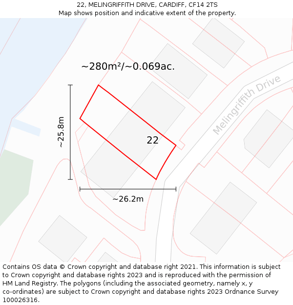 22, MELINGRIFFITH DRIVE, CARDIFF, CF14 2TS: Plot and title map