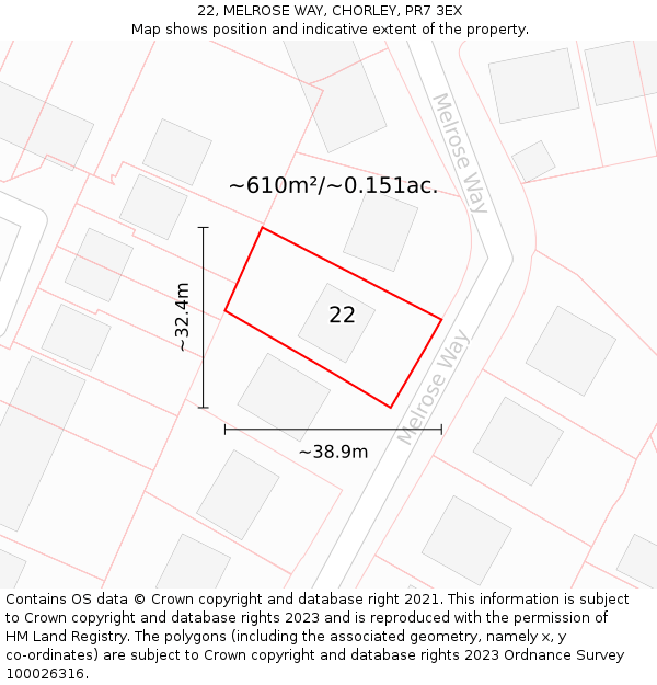22, MELROSE WAY, CHORLEY, PR7 3EX: Plot and title map
