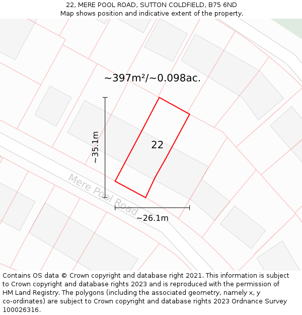 22, MERE POOL ROAD, SUTTON COLDFIELD, B75 6ND: Plot and title map