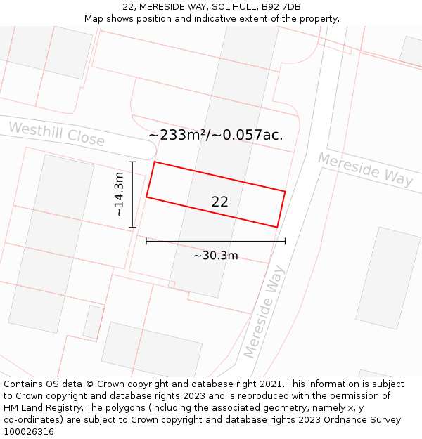 22, MERESIDE WAY, SOLIHULL, B92 7DB: Plot and title map