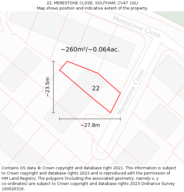 22, MERESTONE CLOSE, SOUTHAM, CV47 1GU: Plot and title map