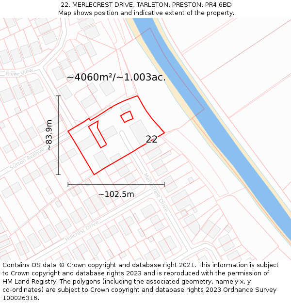 22, MERLECREST DRIVE, TARLETON, PRESTON, PR4 6BD: Plot and title map