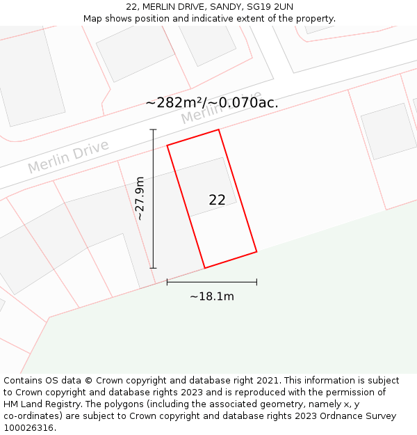 22, MERLIN DRIVE, SANDY, SG19 2UN: Plot and title map
