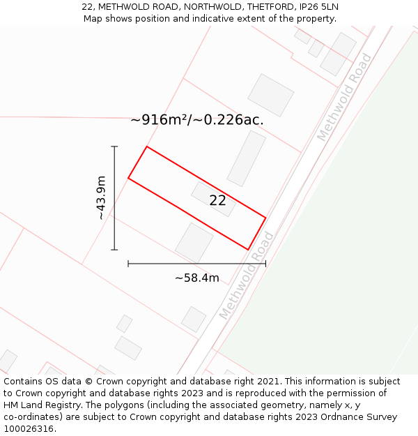 22, METHWOLD ROAD, NORTHWOLD, THETFORD, IP26 5LN: Plot and title map