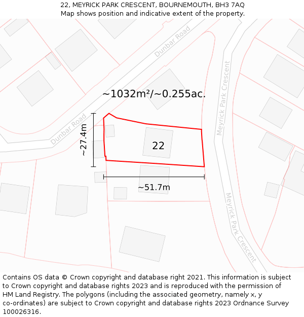 22, MEYRICK PARK CRESCENT, BOURNEMOUTH, BH3 7AQ: Plot and title map