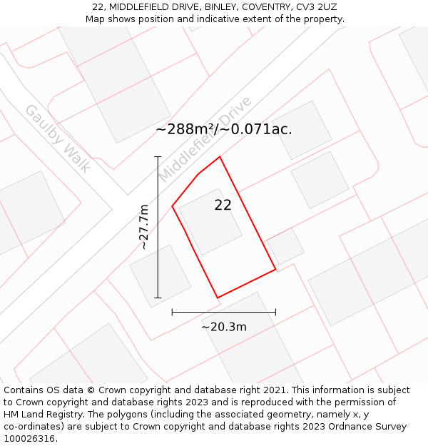 22, MIDDLEFIELD DRIVE, BINLEY, COVENTRY, CV3 2UZ: Plot and title map