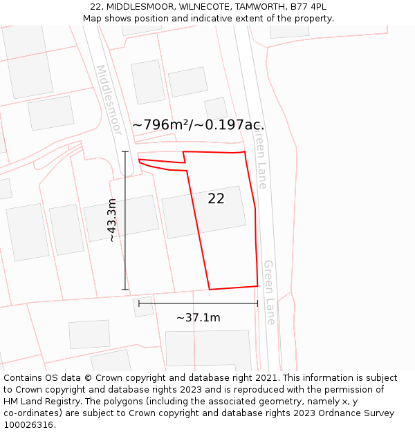22, MIDDLESMOOR, WILNECOTE, TAMWORTH, B77 4PL: Plot and title map