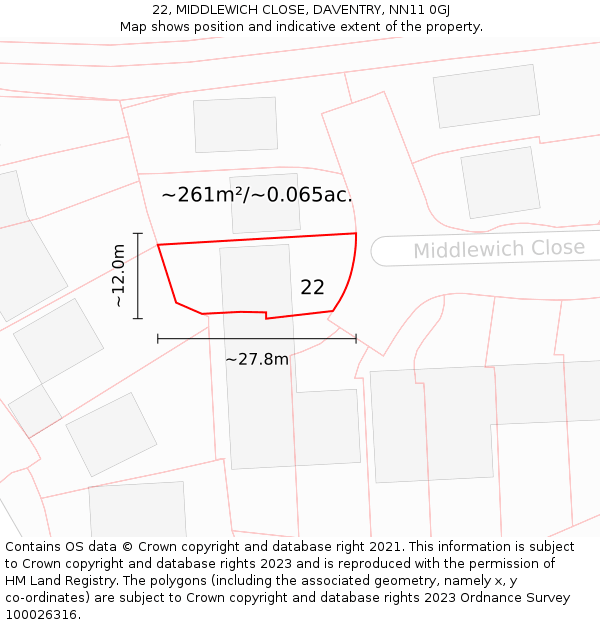 22, MIDDLEWICH CLOSE, DAVENTRY, NN11 0GJ: Plot and title map