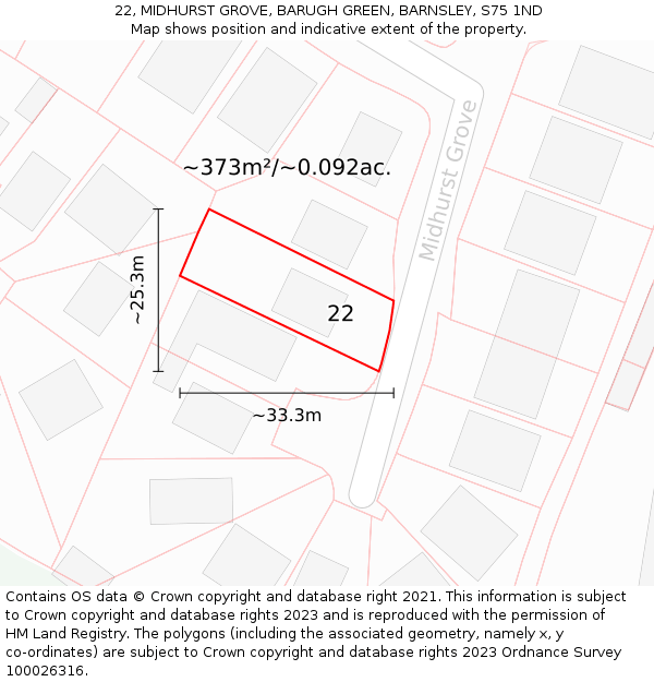 22, MIDHURST GROVE, BARUGH GREEN, BARNSLEY, S75 1ND: Plot and title map