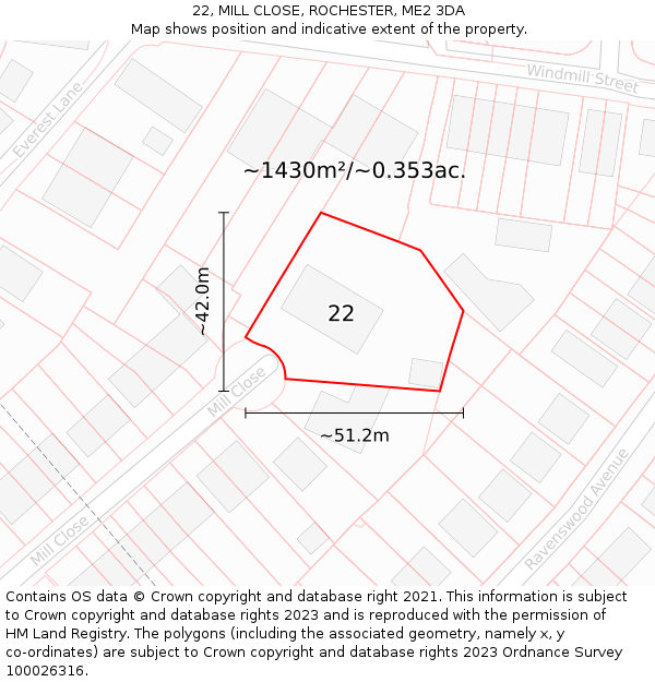 22, MILL CLOSE, ROCHESTER, ME2 3DA: Plot and title map
