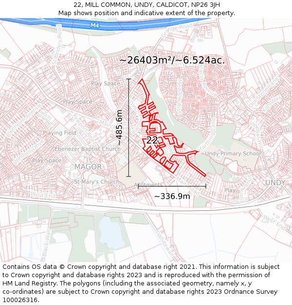 22, MILL COMMON, UNDY, CALDICOT, NP26 3JH: Plot and title map