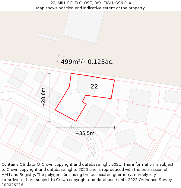 22, MILL FIELD CLOSE, RAYLEIGH, SS6 8LX: Plot and title map