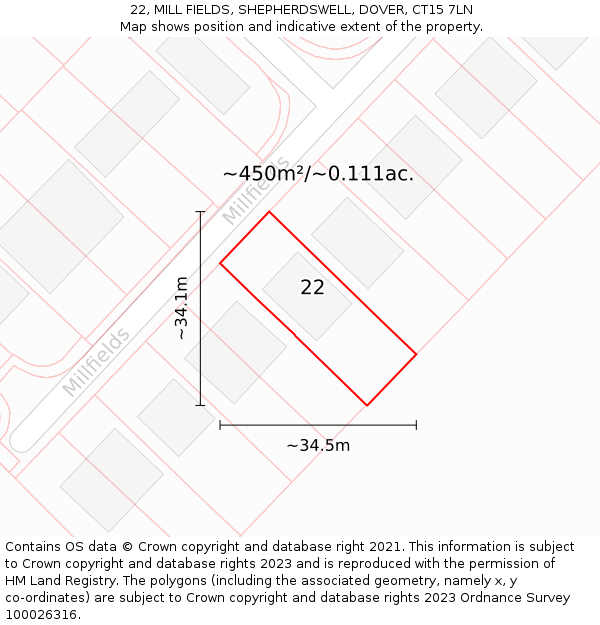 22, MILL FIELDS, SHEPHERDSWELL, DOVER, CT15 7LN: Plot and title map