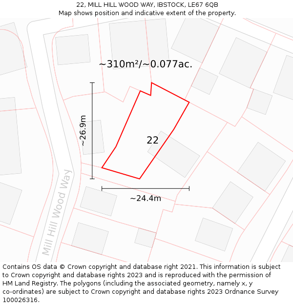22, MILL HILL WOOD WAY, IBSTOCK, LE67 6QB: Plot and title map