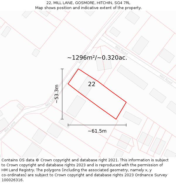 22, MILL LANE, GOSMORE, HITCHIN, SG4 7RL: Plot and title map