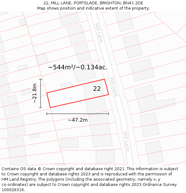 22, MILL LANE, PORTSLADE, BRIGHTON, BN41 2DE: Plot and title map