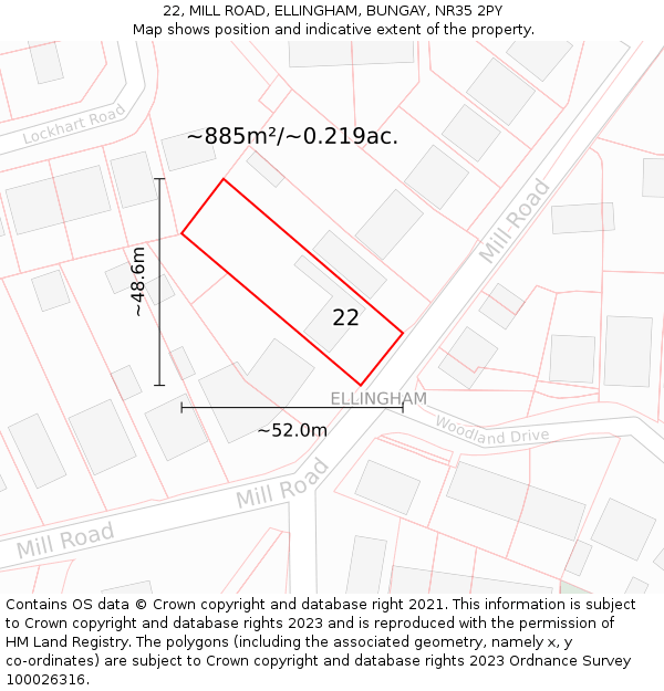 22, MILL ROAD, ELLINGHAM, BUNGAY, NR35 2PY: Plot and title map