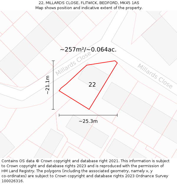 22, MILLARDS CLOSE, FLITWICK, BEDFORD, MK45 1AS: Plot and title map