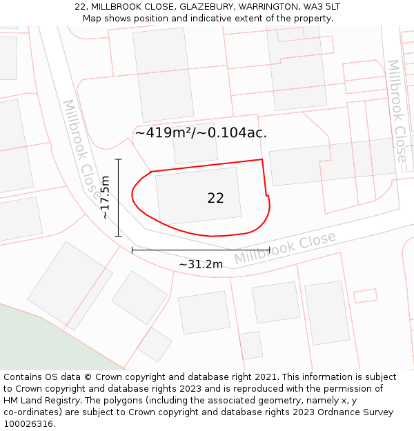 22, MILLBROOK CLOSE, GLAZEBURY, WARRINGTON, WA3 5LT: Plot and title map