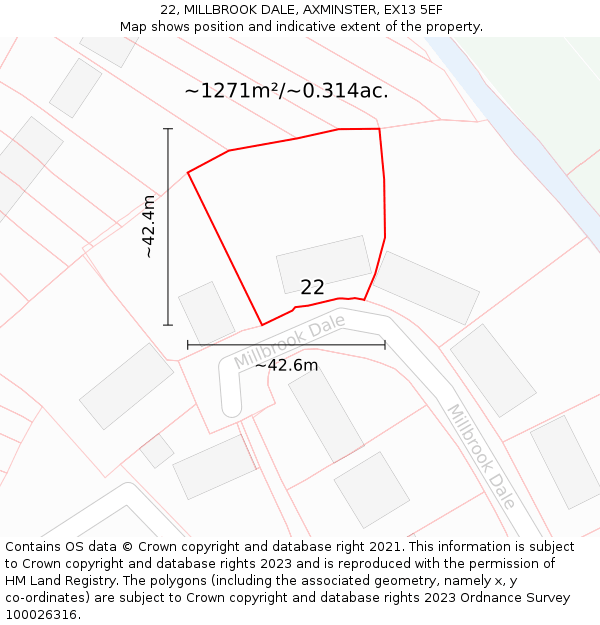 22, MILLBROOK DALE, AXMINSTER, EX13 5EF: Plot and title map