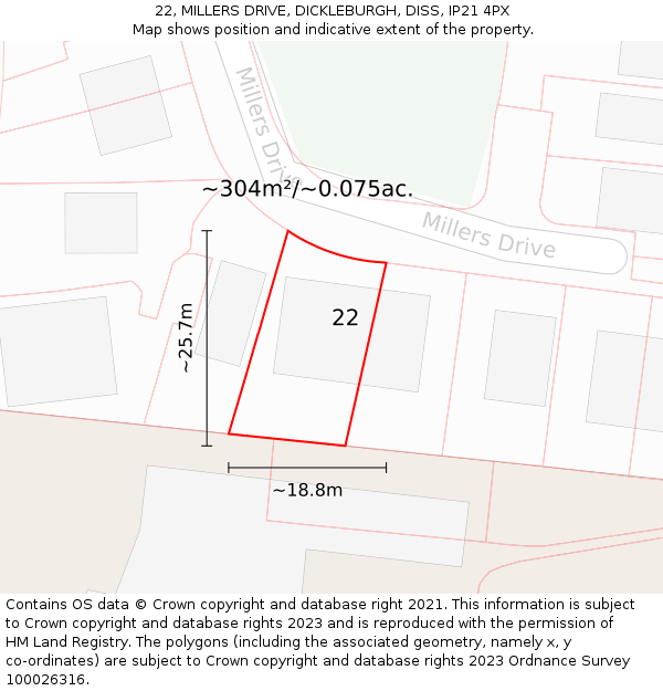 22, MILLERS DRIVE, DICKLEBURGH, DISS, IP21 4PX: Plot and title map