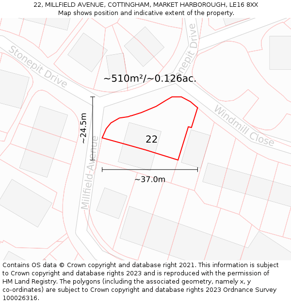 22, MILLFIELD AVENUE, COTTINGHAM, MARKET HARBOROUGH, LE16 8XX: Plot and title map