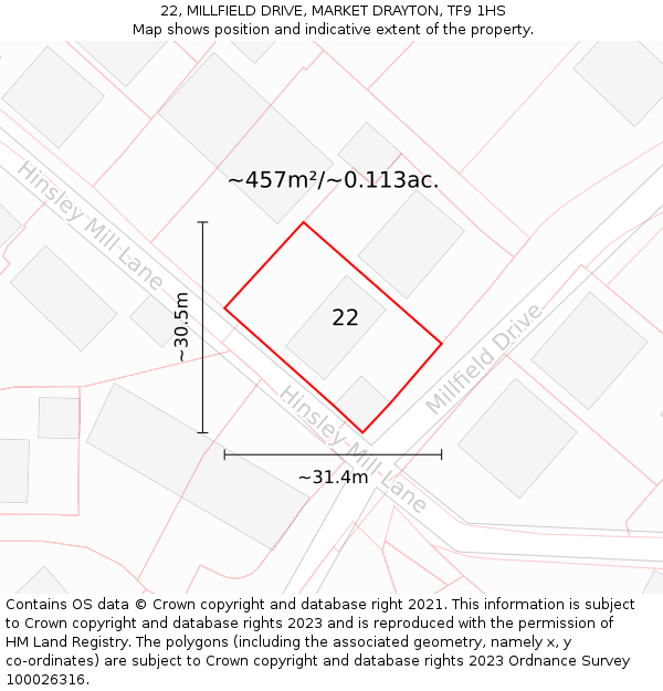 22, MILLFIELD DRIVE, MARKET DRAYTON, TF9 1HS: Plot and title map