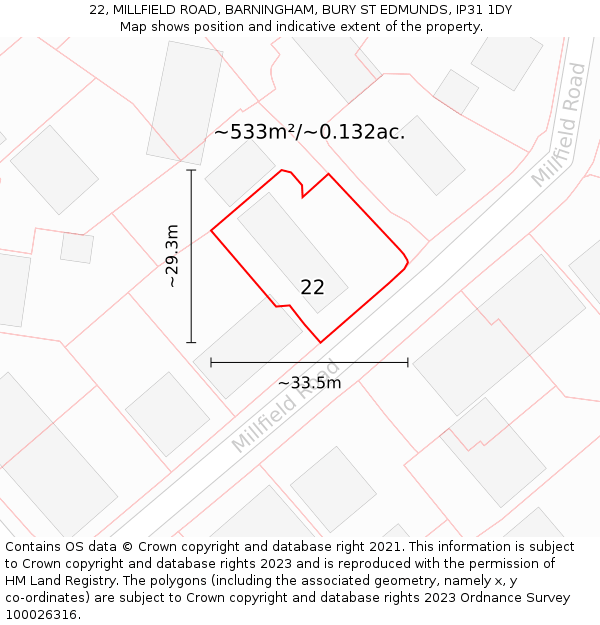22, MILLFIELD ROAD, BARNINGHAM, BURY ST EDMUNDS, IP31 1DY: Plot and title map