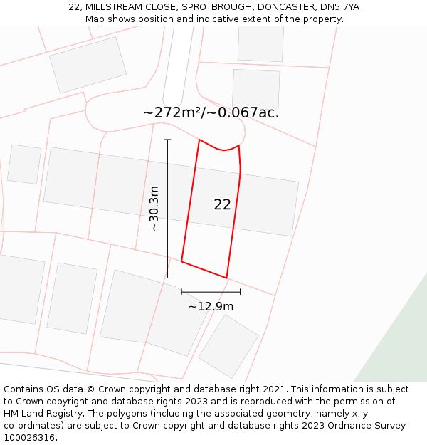 22, MILLSTREAM CLOSE, SPROTBROUGH, DONCASTER, DN5 7YA: Plot and title map