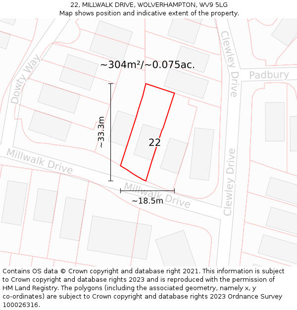 22, MILLWALK DRIVE, WOLVERHAMPTON, WV9 5LG: Plot and title map