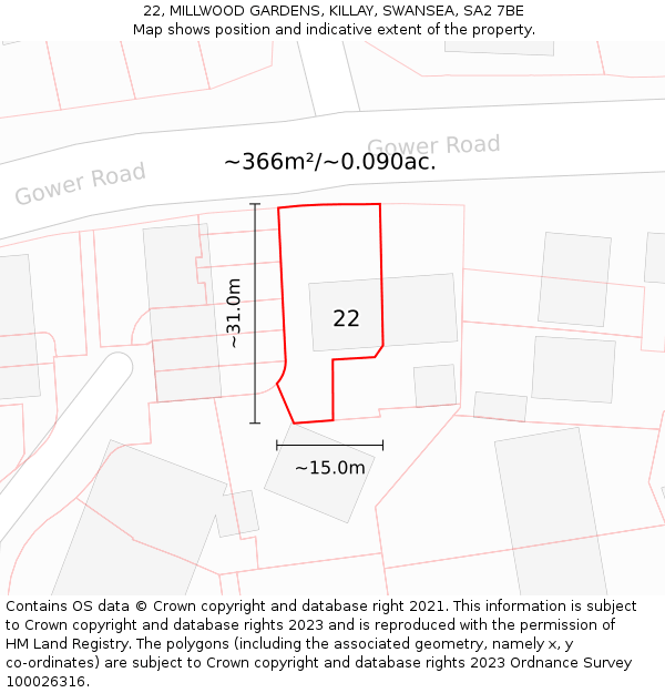 22, MILLWOOD GARDENS, KILLAY, SWANSEA, SA2 7BE: Plot and title map
