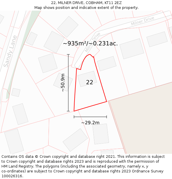 22, MILNER DRIVE, COBHAM, KT11 2EZ: Plot and title map