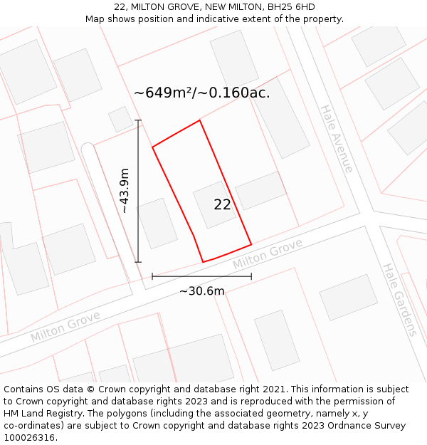 22, MILTON GROVE, NEW MILTON, BH25 6HD: Plot and title map