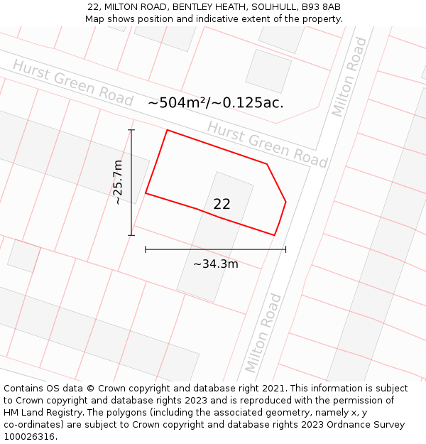 22, MILTON ROAD, BENTLEY HEATH, SOLIHULL, B93 8AB: Plot and title map