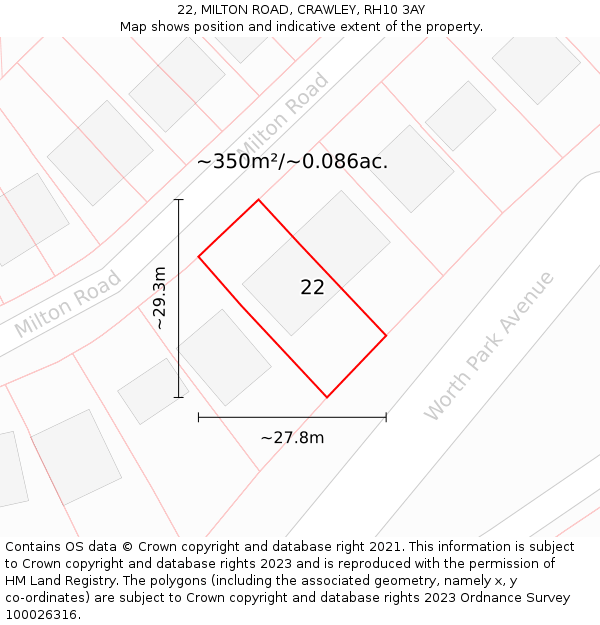 22, MILTON ROAD, CRAWLEY, RH10 3AY: Plot and title map