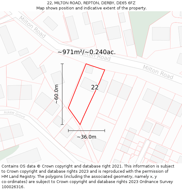 22, MILTON ROAD, REPTON, DERBY, DE65 6FZ: Plot and title map
