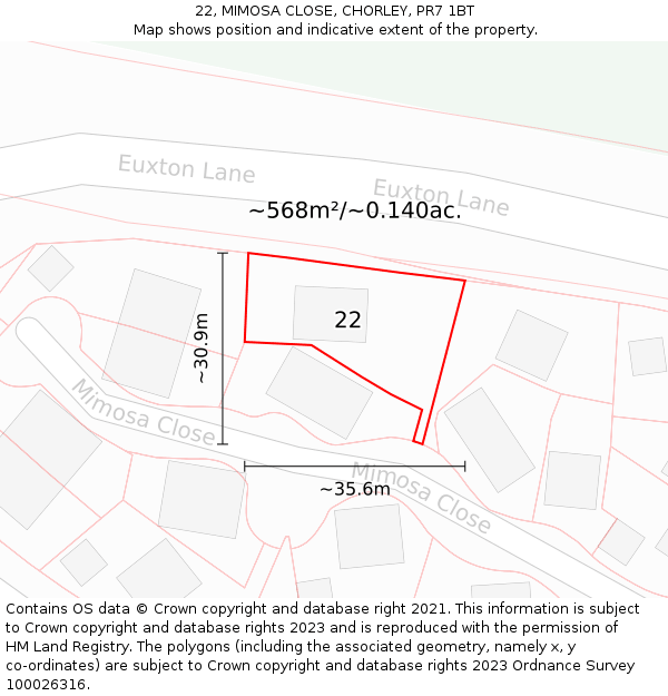 22, MIMOSA CLOSE, CHORLEY, PR7 1BT: Plot and title map