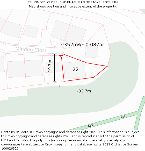22, MINDEN CLOSE, CHINEHAM, BASINGSTOKE, RG24 8TH: Plot and title map