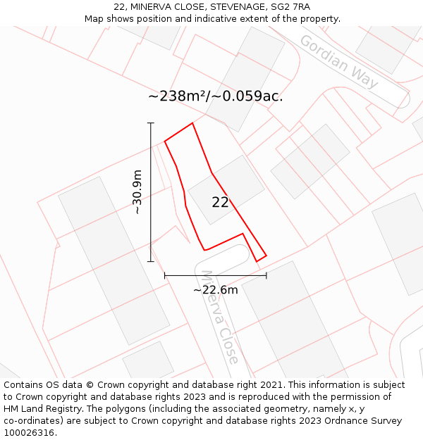 22, MINERVA CLOSE, STEVENAGE, SG2 7RA: Plot and title map